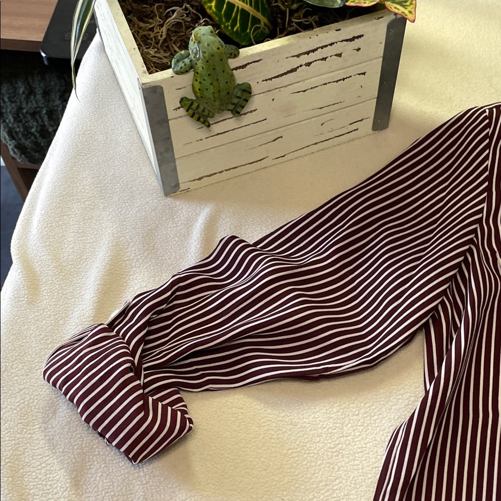 035-Ann Taylor Factory Burgundy and White Striped Blouse - Picture 9 of 9
